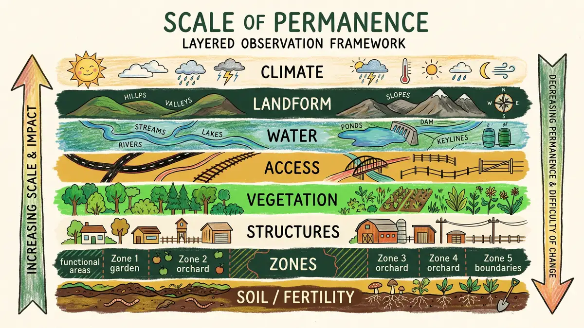 Diagram showing the Scale of Permanence with eight horizontal bands from climate at top through landform water access vegetation structures zones to soil and fertility at the bottom