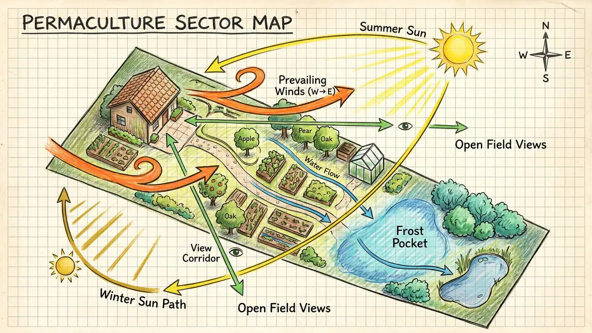 Overhead sector analysis map of a backyard showing sun path arrows, wind direction, water flow lines, frost pocket marked in blue, and view corridors hand-drawn on graph paper