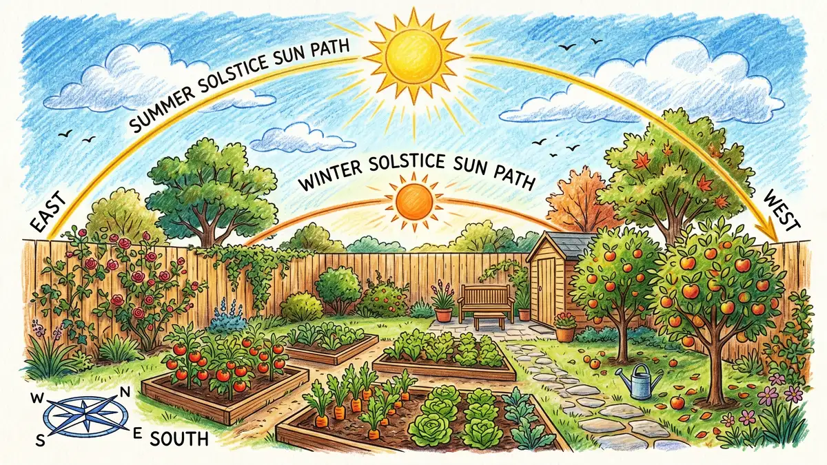 A backyard with summer solstice sun arc in golden yellow and winter solstice sun arc in cooler orange plotted across the sky over a small garden with apple trees