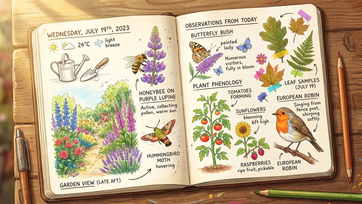 An open observation journal page with dated entries, weather symbols, plant sketches, and pressed leaf samples