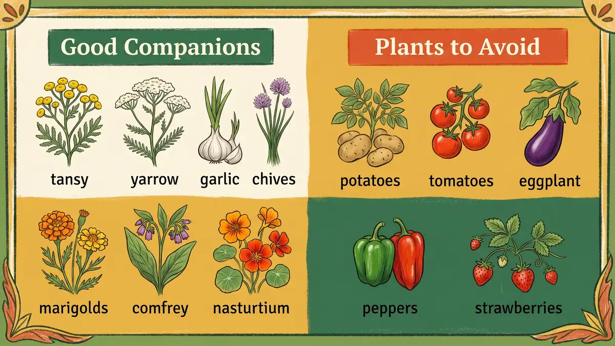 Infographic showing raspberry companion planting guide with good companions tansy yarrow garlic chives marigolds comfrey nasturtium in green and plants to avoid potatoes tomatoes eggplant peppers strawberries in orange
