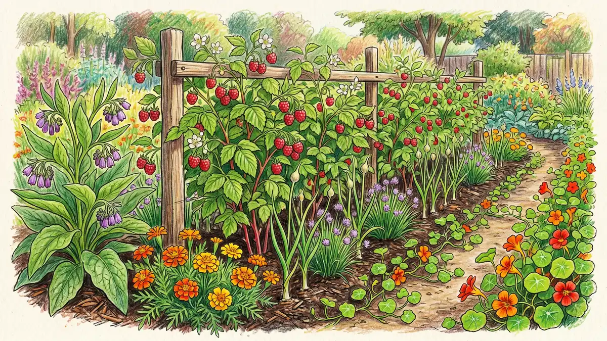 A polyculture raspberry bed with red raspberry canes growing in a row garlic and chives at the base marigolds at the row ends comfrey at the corner and nasturtiums trailing along the path