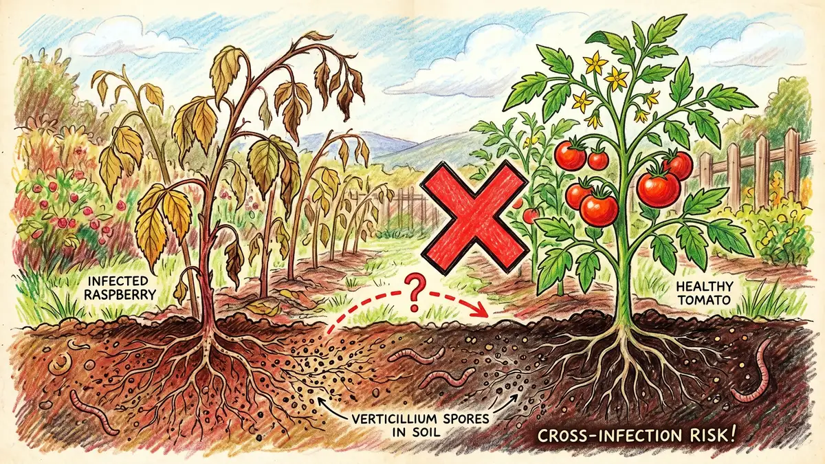 Illustration showing raspberry canes wilting on the left next to a healthy tomato plant on the right with a red X symbol between them and Verticillium wilt fungal spores in the soil