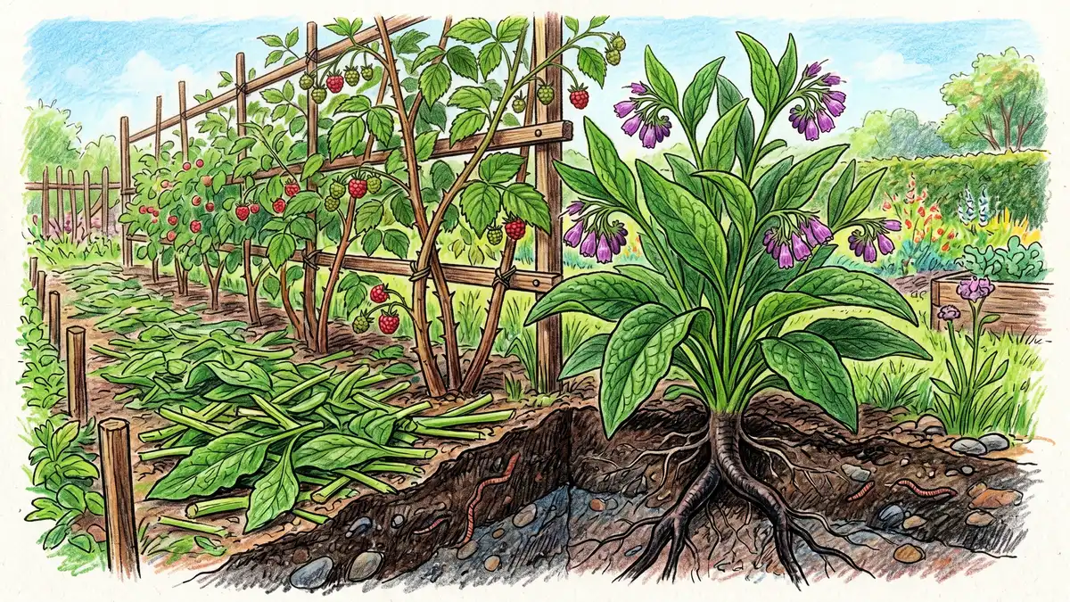 A comfrey plant with large leaves and bell-shaped purple-pink flowers growing at the corner of a raspberry row with its deep taproot visible in soil cross-section