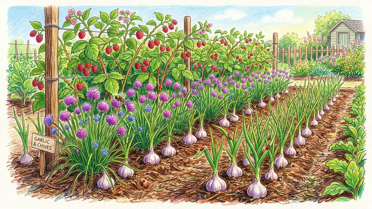Garlic bulbs and chive plants with purple flowers growing along the base of a raspberry cane row