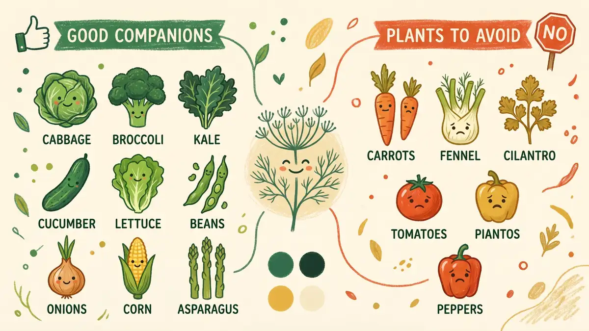 Infographic showing dill companion planting guide with good companions cabbage broccoli kale cucumber lettuce beans onions corn asparagus in green and plants to avoid carrots fennel cilantro tomatoes peppers in orange red