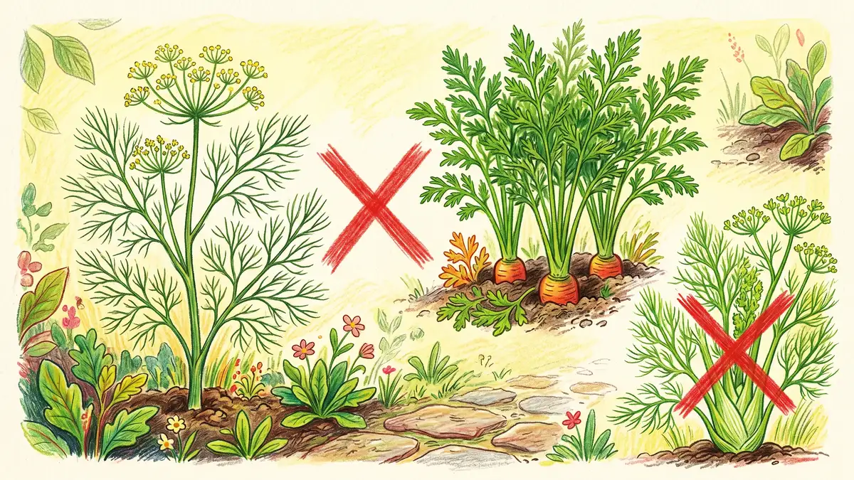 A warning illustration showing dill plant on the left next to carrot tops with a red X between them and a fennel plant in the corner with a red X