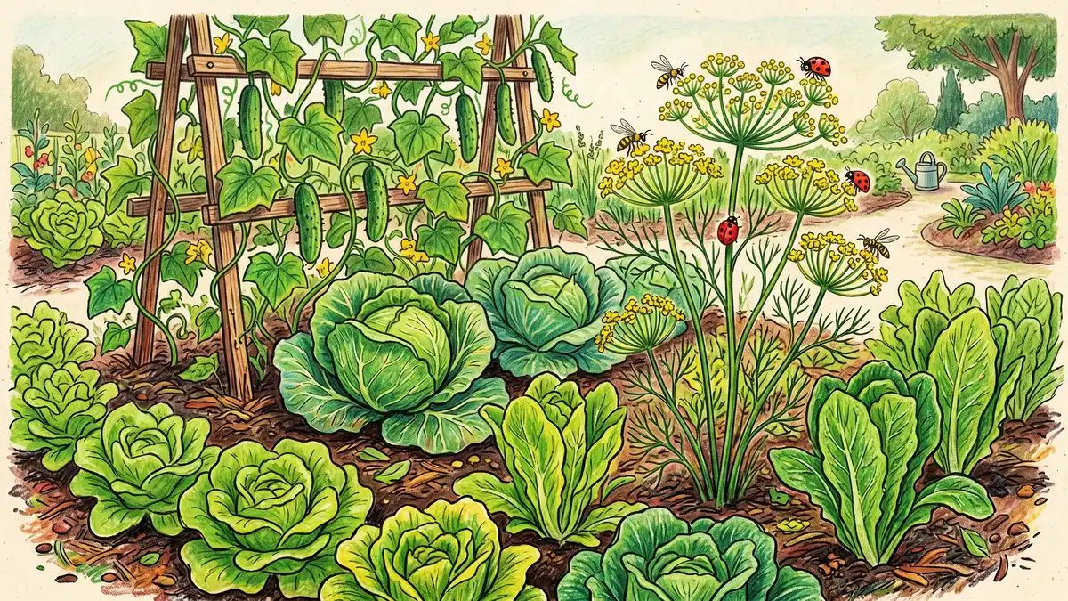 A polyculture garden bed with dill plants growing alongside cabbage heads cucumber vines on a trellis and lettuce in the foreground with beneficial wasps and ladybugs visiting