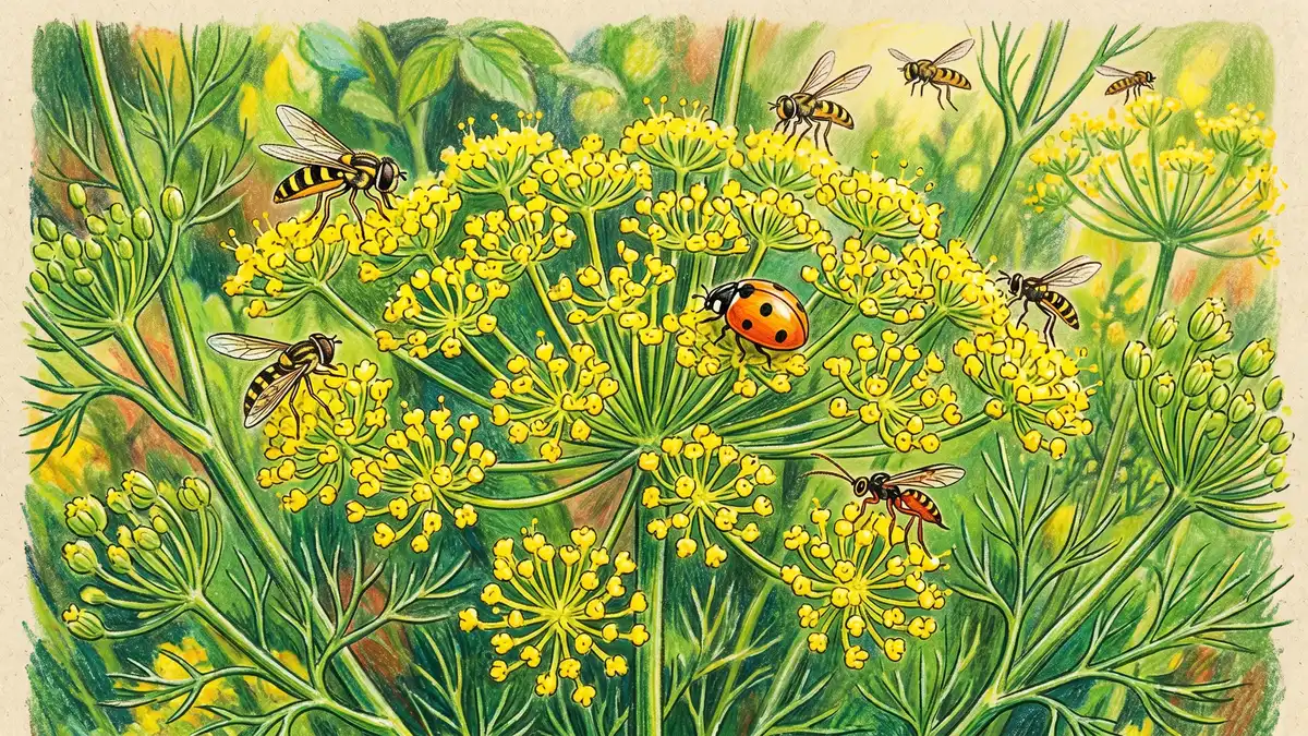 Close-up of dill yellow umbel flowers with tiny hoverflies parasitic wasps and a ladybug visiting the flat flower clusters