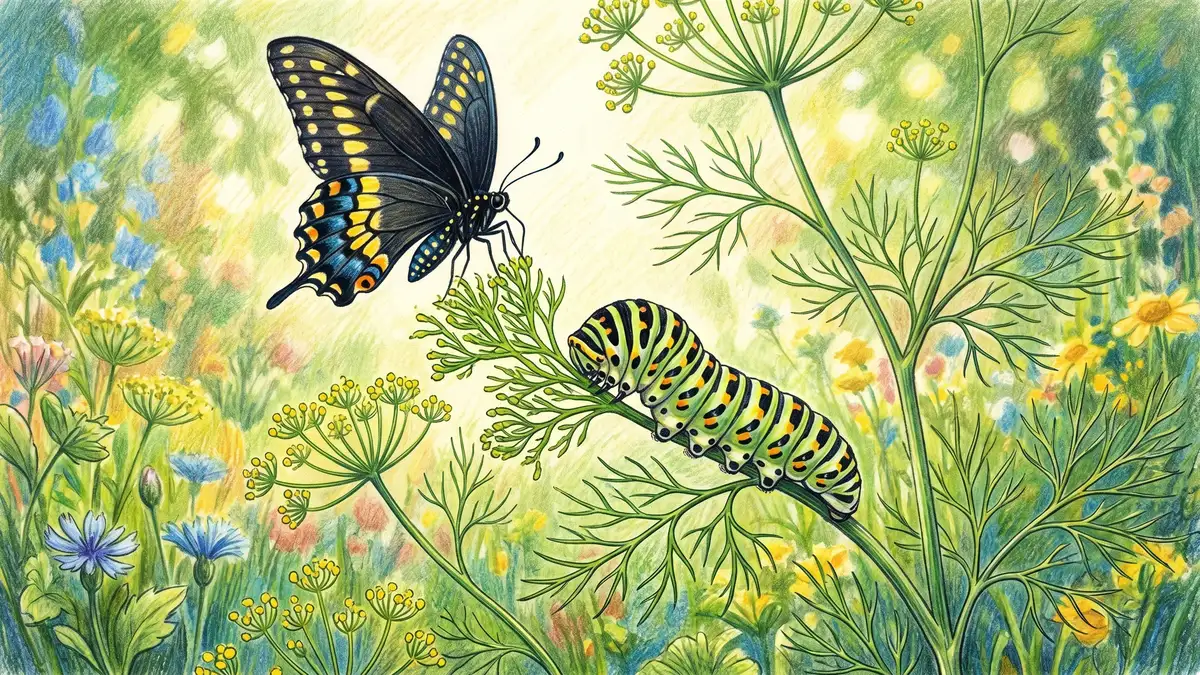 A black swallowtail butterfly caterpillar feeding on feathery green dill leaves with a black swallowtail butterfly hovering above