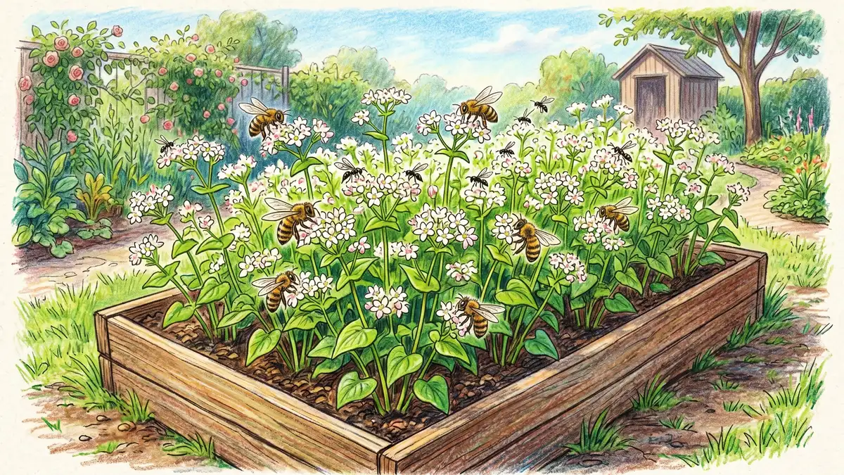 A raised garden bed filled with buckwheat in full white flower with honeybees and small parasitic wasps visiting the flowers