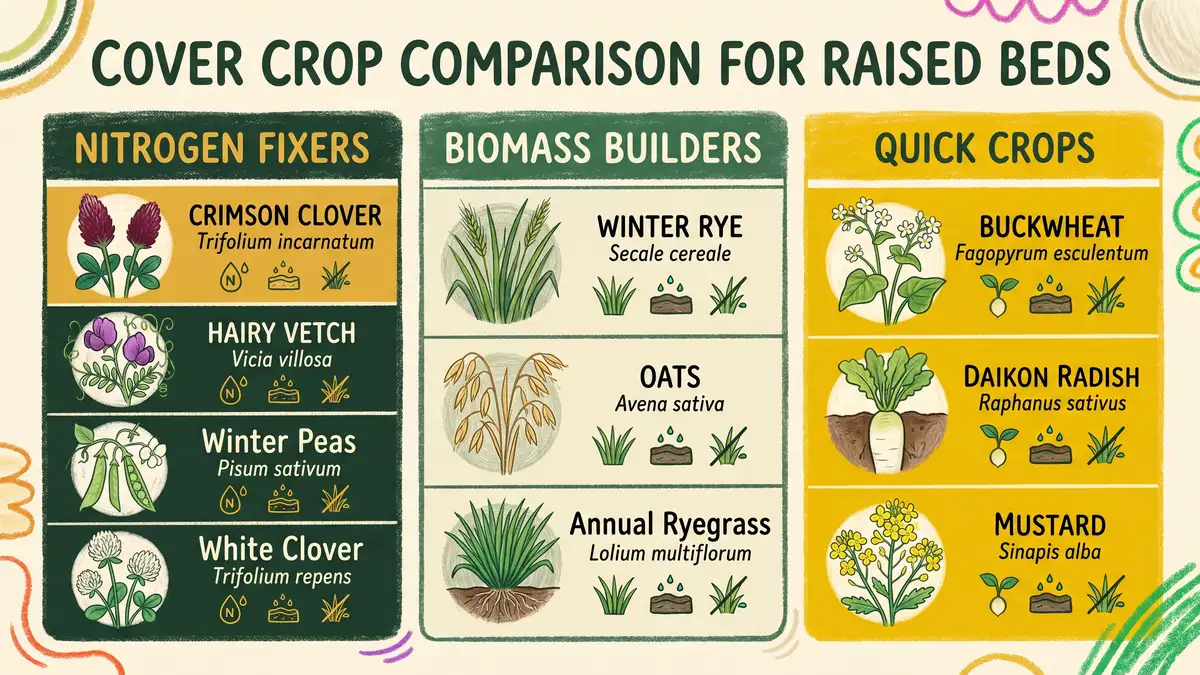 Infographic showing cover crop comparison for raised beds with three columns: Nitrogen Fixers crimson clover hairy vetch winter peas white clover, Biomass Builders winter rye oats annual ryegrass, and Quick Crops buckwheat daikon radish mustard