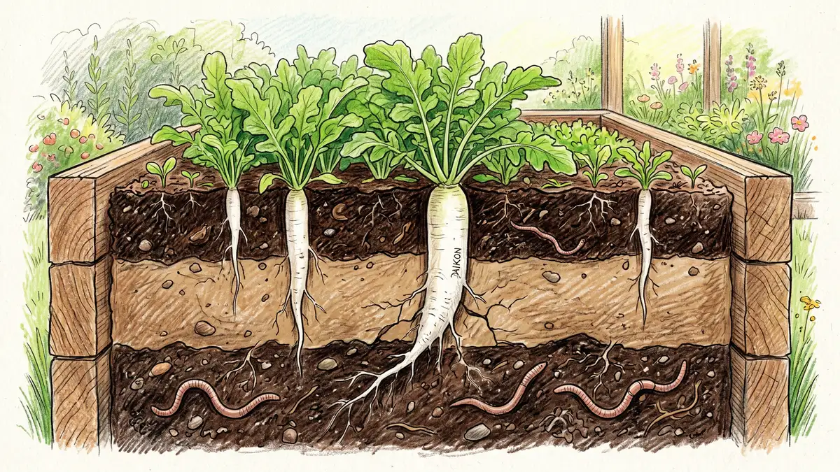A side-view cross-section of a raised bed showing daikon radish long white taproots breaking through compacted soil with earthworms in the loosened layers below