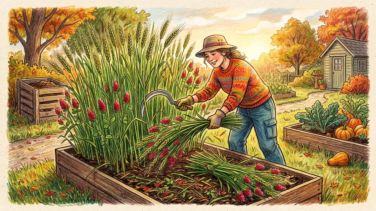 A gardener using a hand scythe to chop down cereal rye and crimson clover in a raised bed with cut biomass falling as chop and drop mulch