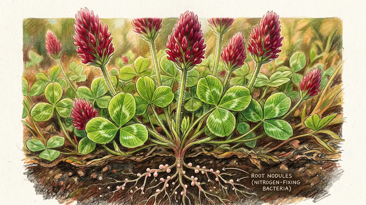 Close-up of crimson clover with deep red flowers and bright green leaves with root nodules showing nitrogen fixing bacteria