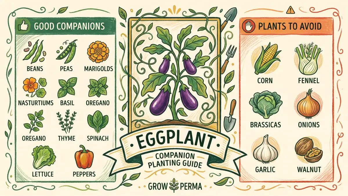 Infographic showing eggplant companion planting guide with good companions beans peas marigolds nasturtiums basil oregano thyme spinach lettuce peppers in green and plants to avoid corn fennel brassicas onions garlic walnut in orange red