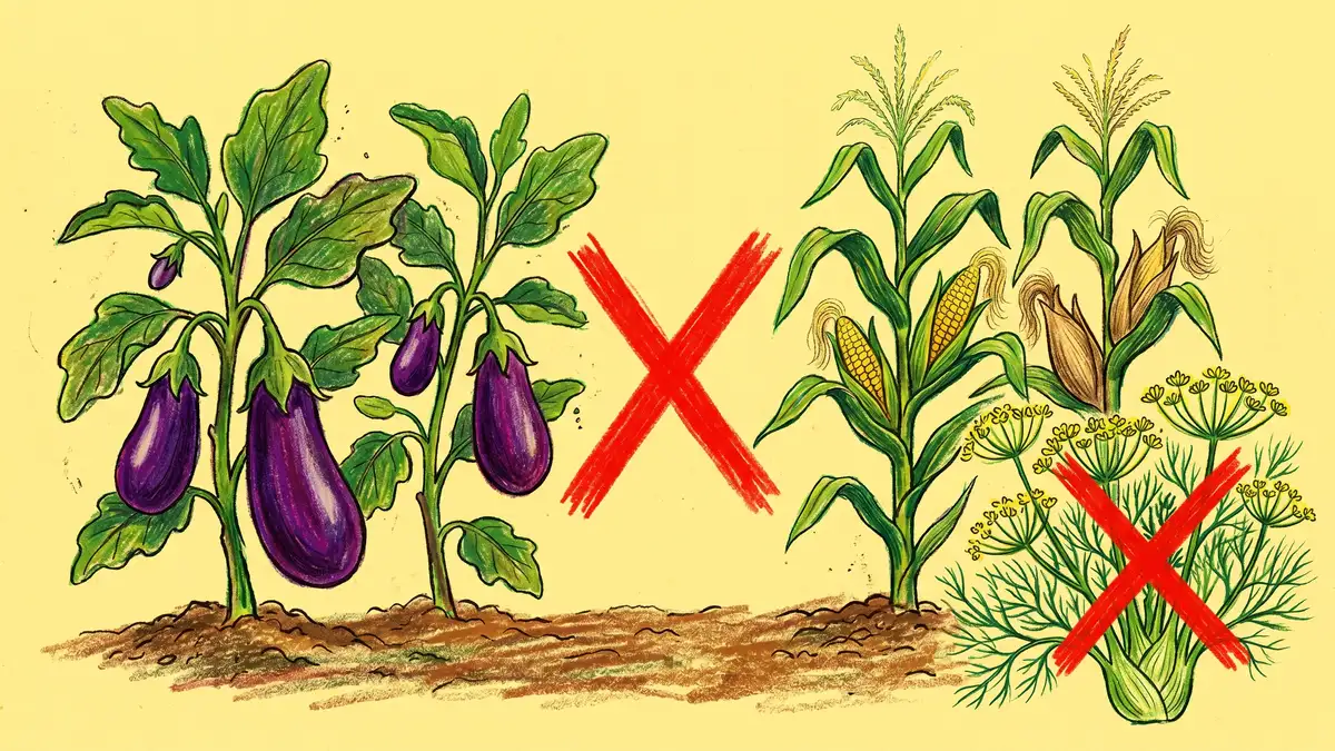 A warning illustration showing eggplant on the left next to corn stalks on the right with a red X between them and a fennel plant in the corner with another red X