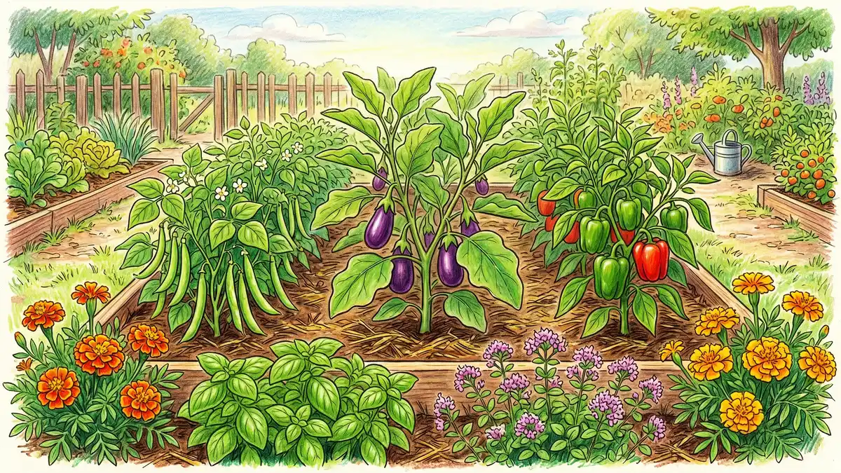 A polyculture vegetable bed showing eggplants in the center with bush beans on one side basil and oregano in the foreground marigolds at the row ends and a pepper plant on the other side