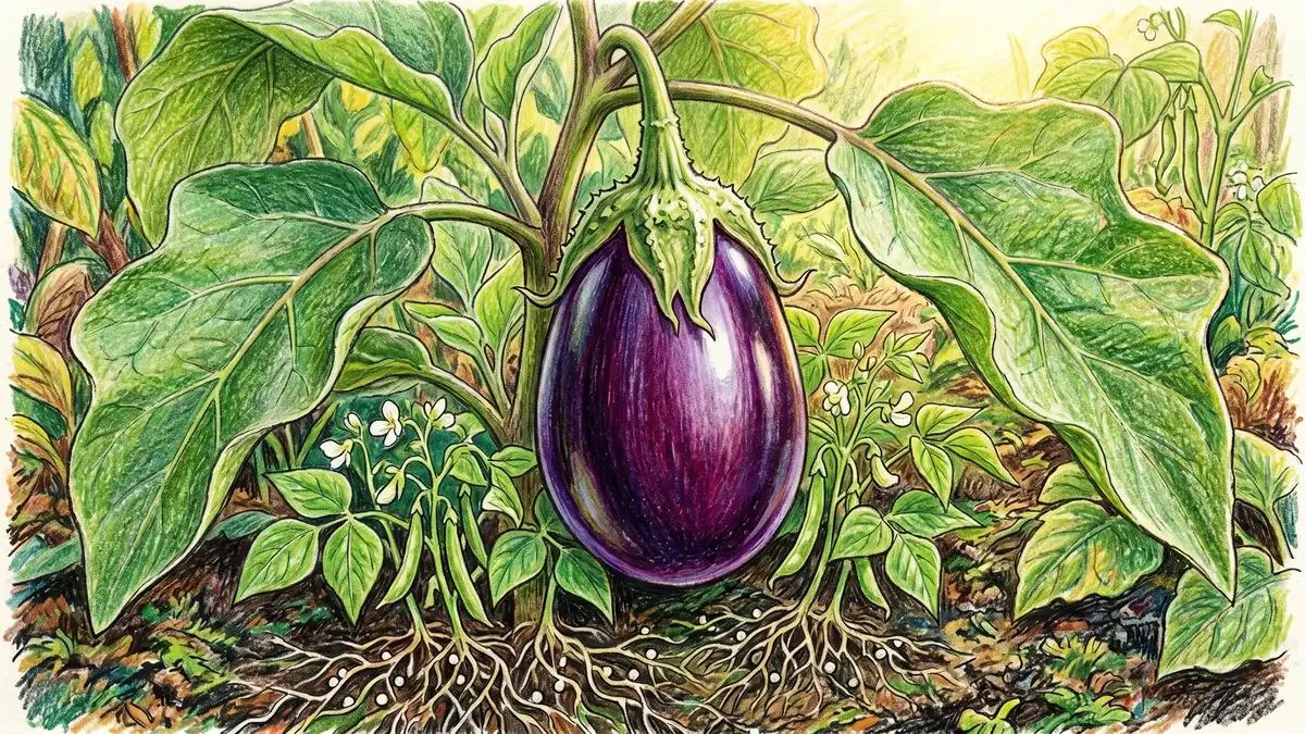 Close-up of a glossy dark purple eggplant fruit on a sturdy stem with bush bean plants providing nitrogen-fixing roots at the base