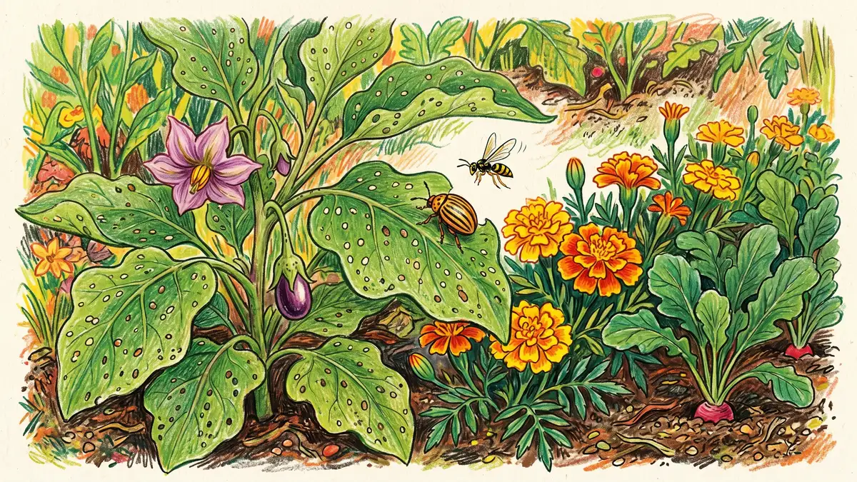 Eggplant leaves with flea beetle holes alongside French marigolds and radish trap crops with a Colorado potato beetle on one leaf and a parasitic wasp approaching