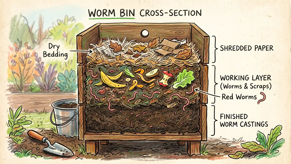Cross-section illustration of a worm bin showing dry shredded paper bedding on top, moist working layer with red worms in the middle, and finished dark worm castings at the bottom with kitchen scraps tucked into the middle layer