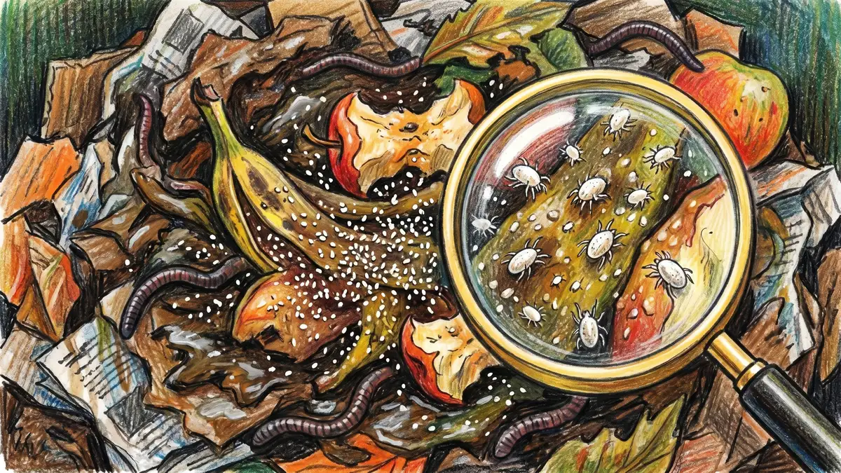 Close-up of worm bin surface showing tiny white mites on rotting fruit pieces with a magnifying glass showing the mites in detail