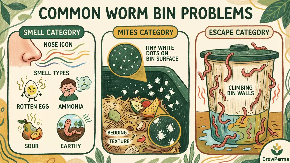 Infographic showing the three most common worm bin problems: smell with smell type icons, mites with white dots on the surface, and escape with worms climbing bin walls