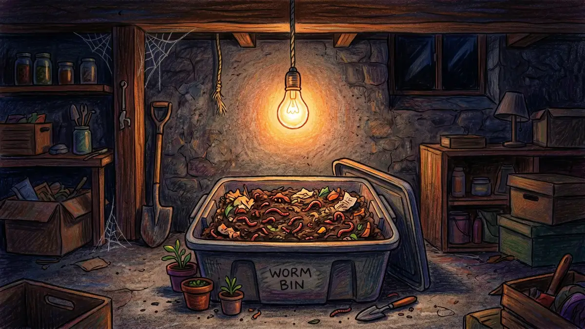 A worm bin in a basement with a bare light bulb hanging above it casting warm light into the bin to keep new worms from escaping