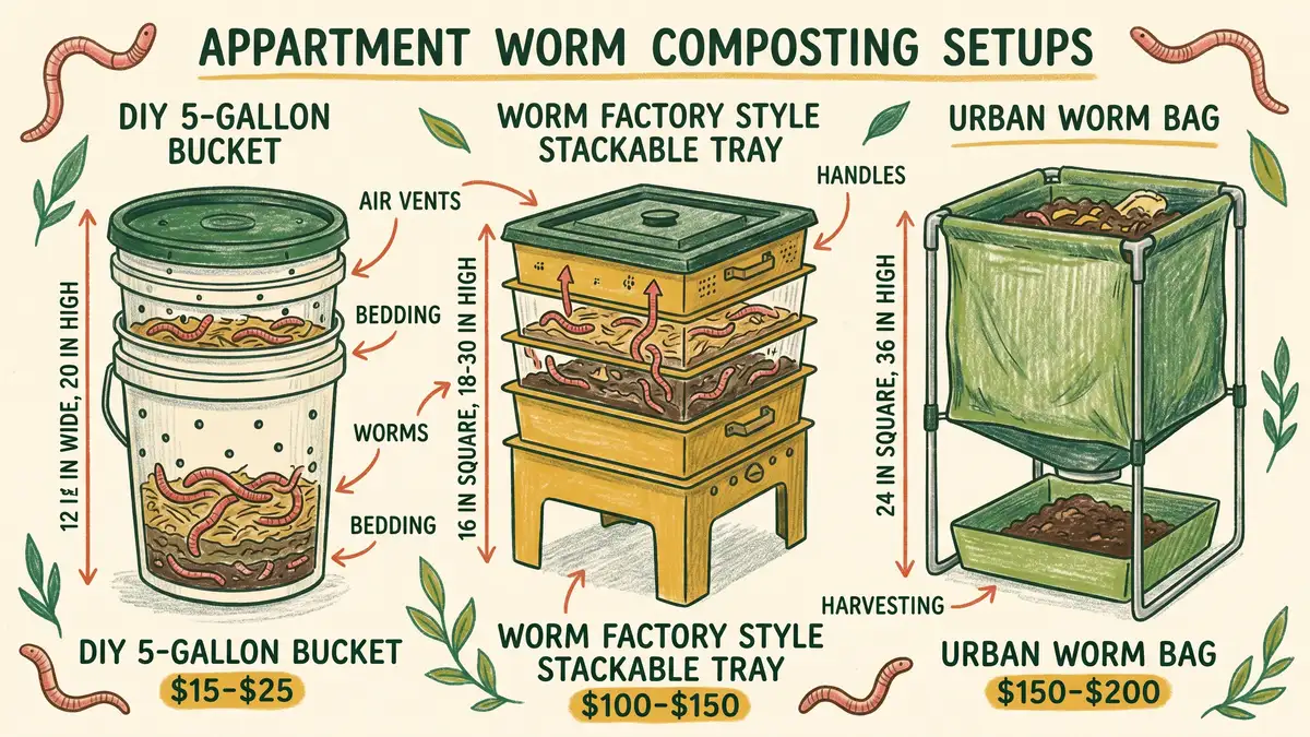Infographic showing three apartment worm composting setup options: DIY 5-gallon bucket on the left, stackable tray system in the middle, and flow-through Urban Worm Bag on the right with size dimensions and cost estimates
