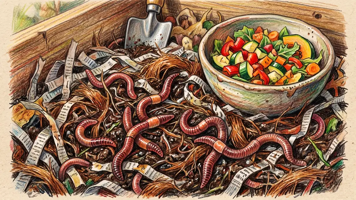 Close-up of healthy red wiggler worms in dark moist bedding made of shredded newspaper and coconut coir with a small bowl of chopped vegetable scraps ready to feed them