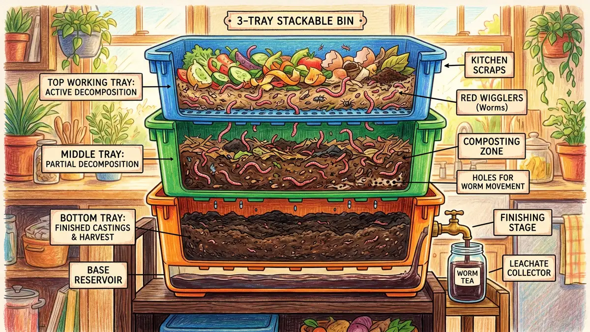 Cross-section illustration of a 3-tray stackable indoor worm composting bin showing the working tray on top with kitchen scraps and red worms, middle tray with partially decomposed material, and bottom tray of finished worm castings ready to harvest