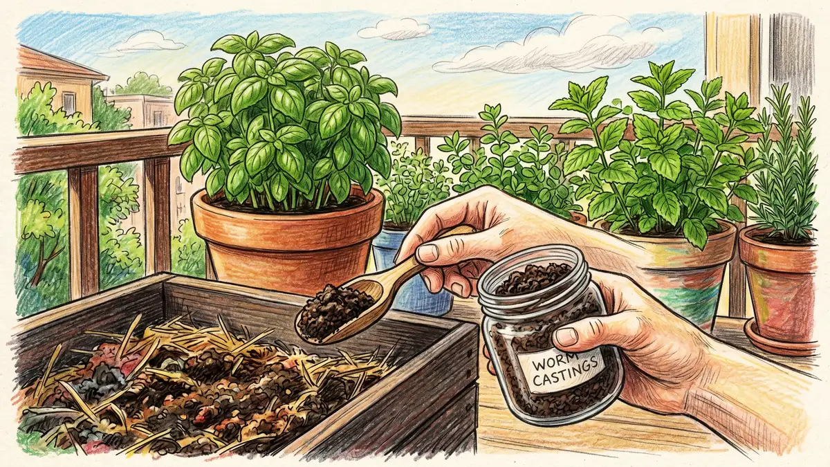 A hand holding a jar of dark crumbly finished worm castings with a balcony herb garden in the background showing thriving potted basil and mint