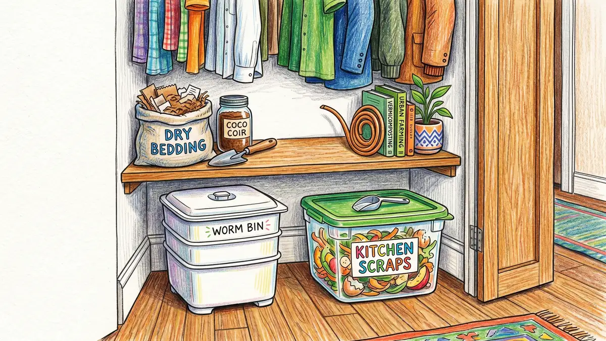An organized apartment closet with a discreet white plastic worm composting bin on the floor with a labeled scrap container and dry shredded cardboard bedding on the shelf above