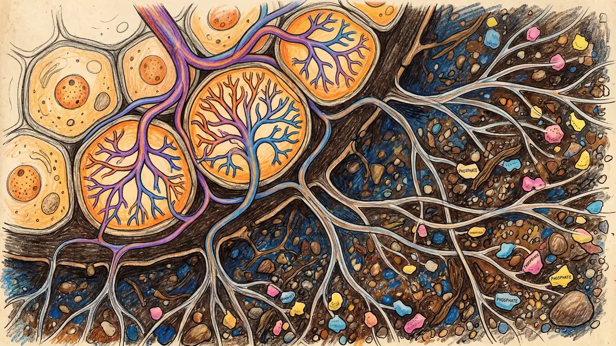 A close-up microscope view of arbuscular mycorrhizal fungi forming tree-like arbuscule structures inside plant root cells with translucent fungal threads extending out into surrounding soil and connecting to phosphorus particles