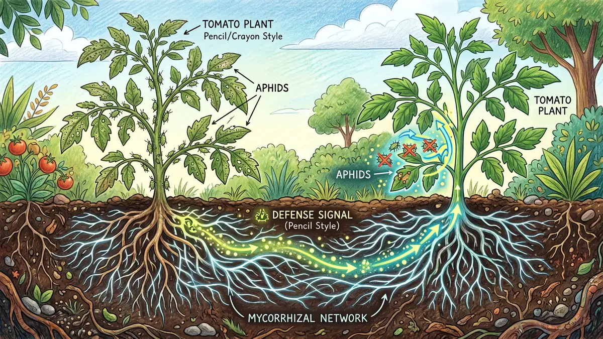 A diagram showing a tomato plant being attacked by aphids on the left with a chemical defense signal traveling through a glowing mycorrhizal fungal network underground to a healthy neighboring tomato plant on the right which is preparing its defenses