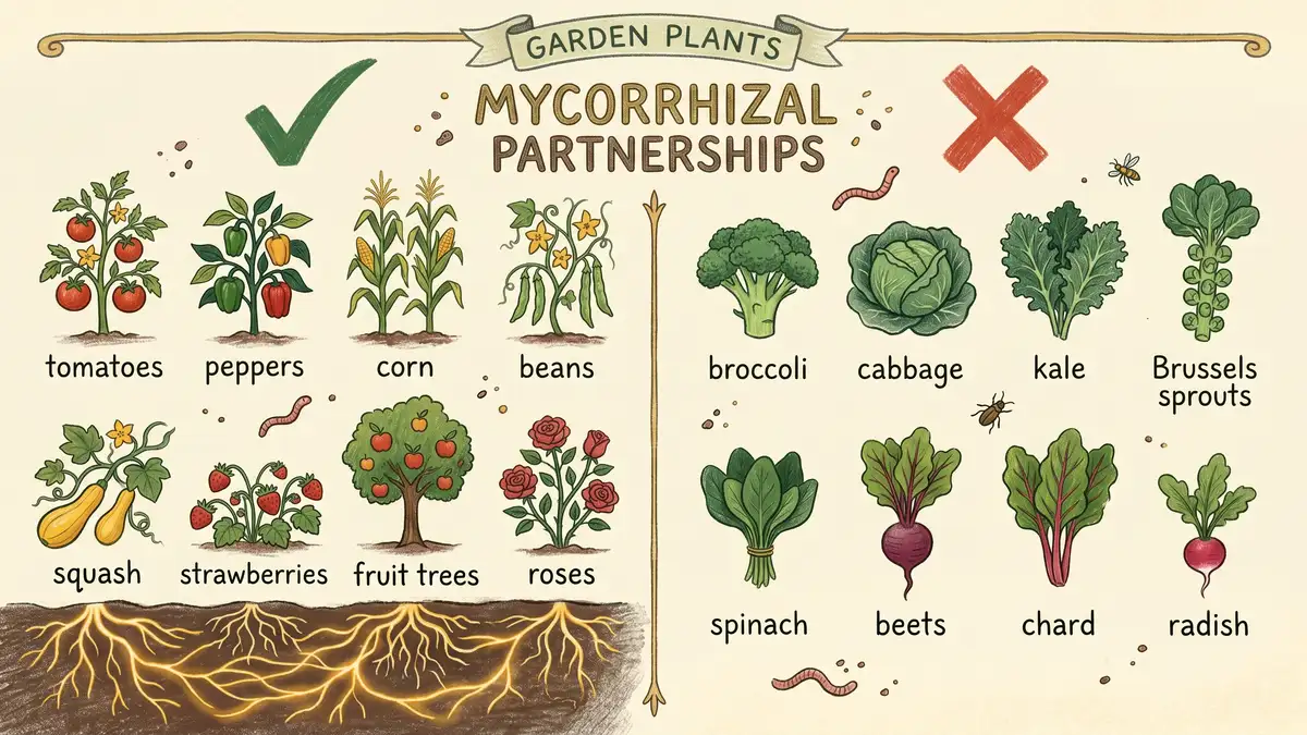 Infographic showing garden plants that form mycorrhizal partnerships (tomatoes peppers corn beans squash strawberries fruit trees roses) versus plants that do not (broccoli cabbage kale brussels sprouts spinach beets chard radish)