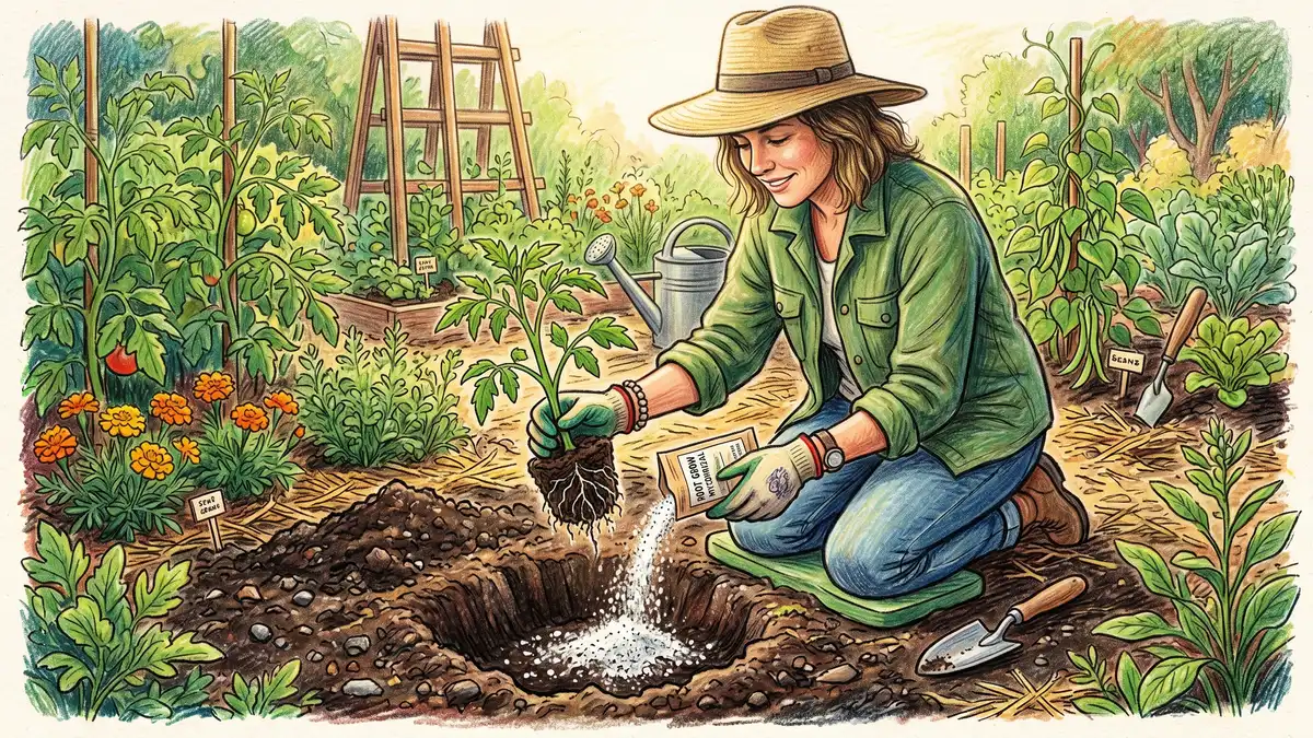 A gardener planting a tomato seedling and sprinkling white powdered mycorrhizal inoculant directly into the planting hole at the root zone with healthy garden bed in the background