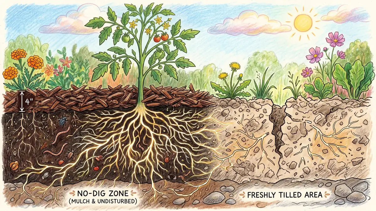 A garden bed showing a no-dig area with thick mulch and intact mycorrhizal network visible as glowing threads contrasted with a freshly tilled area showing broken fungal threads