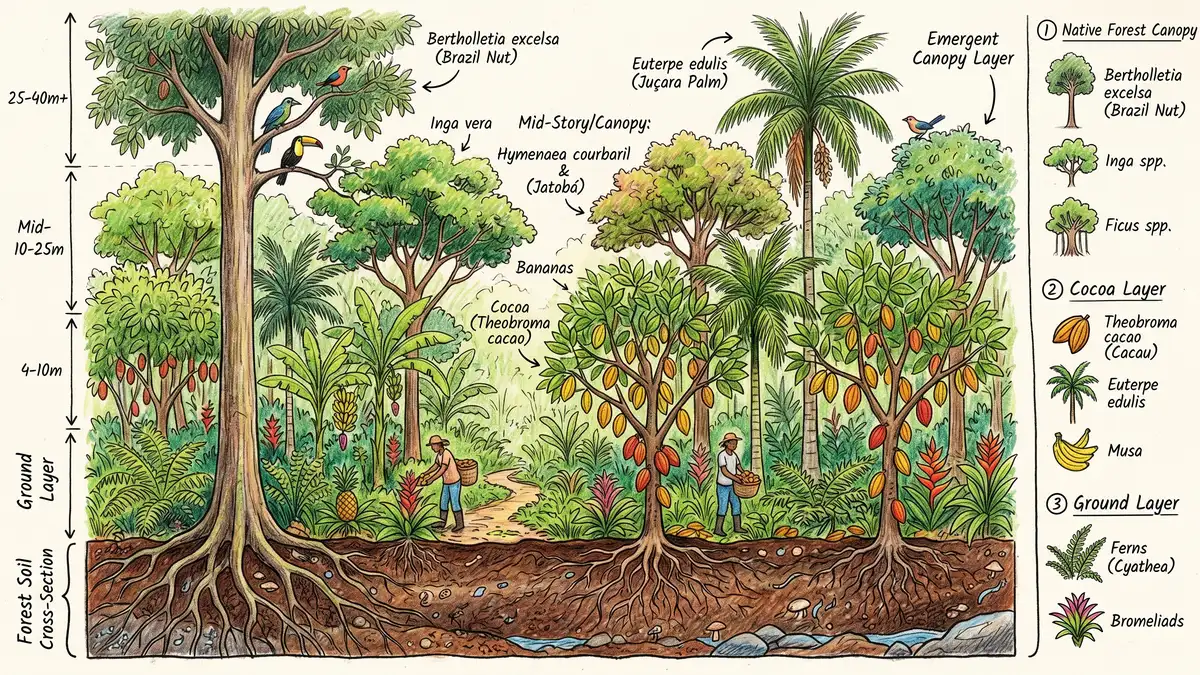 Cross-section illustration of a Brazilian cabruca cocoa system showing multi-story structure with emergent Atlantic Forest trees, mid-story cocoa trees with yellow pods, ground-layer ferns, and forest soil with deep roots