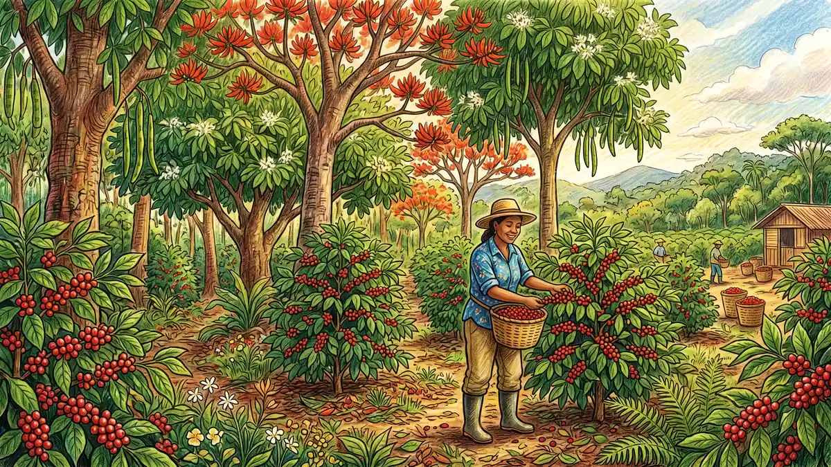 A shade-grown coffee plantation in Brazil with Coffea arabica shrubs and bright red coffee cherries under a canopy of Erythrina velutina coral trees with red flowers and Inga edulis ice cream bean trees