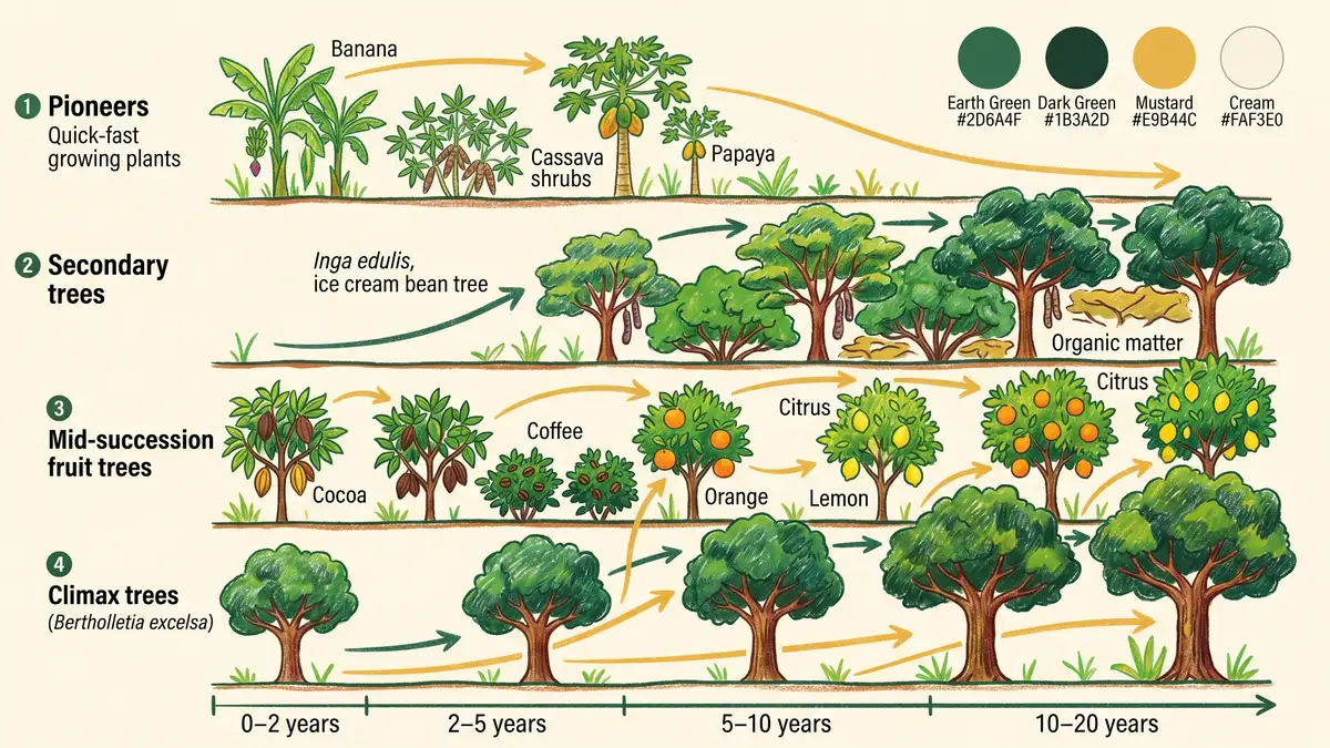 Syntropic agroforestry succession diagram showing four rows from pioneer plants like banana cassava and papaya through secondary trees like Inga edulis mid succession fruits like cocoa coffee citrus to climax trees like Brazil nut