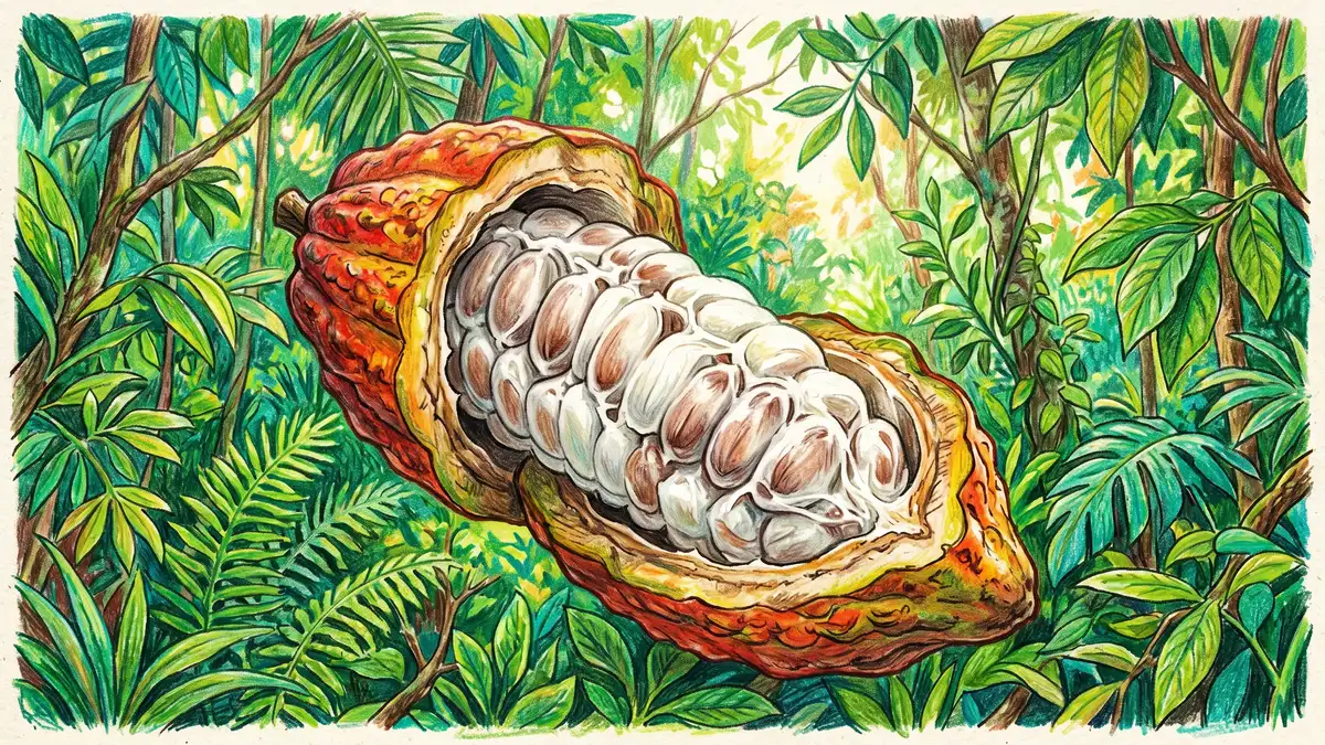 A close-up of a Brazilian cocoa pod Theobroma cacao cracked open showing white pulp covered seeds inside with a green Atlantic Forest canopy in the background