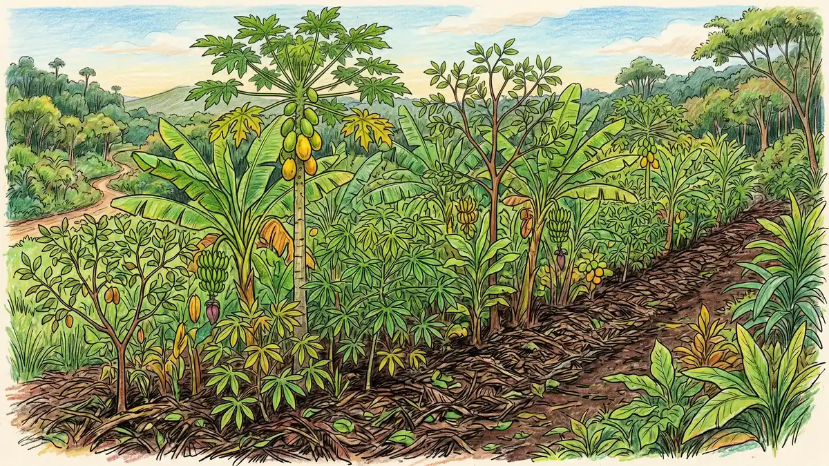 An Ernst Gotsch style densely planted syntropic agroforestry row with banana plants, papaya, cassava, and young Inga edulis trees in a single dense line with thick chop-and-drop mulch on the ground