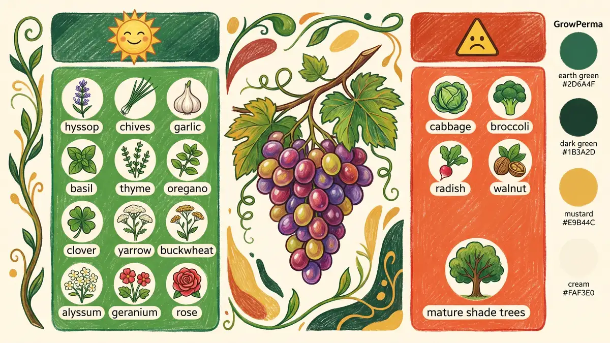 Infographic showing grape companion planting guide with good companions hyssop chives garlic basil thyme oregano clover yarrow buckwheat alyssum geranium rose in green and plants to avoid cabbage broccoli radish walnut mature shade trees in orange red