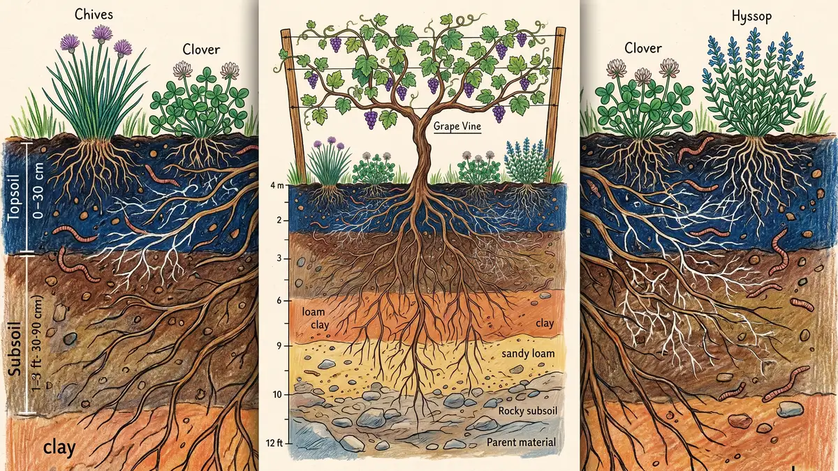 A cross-section illustration showing a grape vine deep root system reaching 6 to 12 feet into soil while shallow-rooted companion plants chives clover and hyssop coexist in the top layers