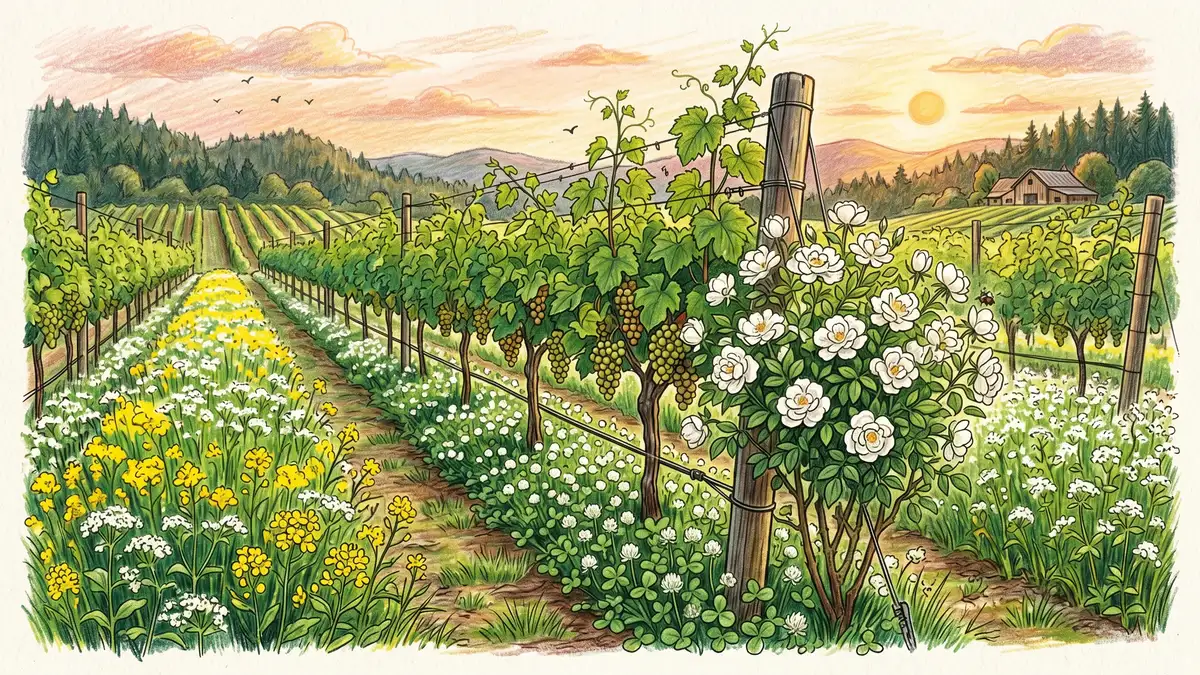 A small vineyard row with grape vines on vertical trellis showing white clover as undervine cover crop and alternating rows of buckwheat and mustard cover crops between vine rows with a white rose at the row end