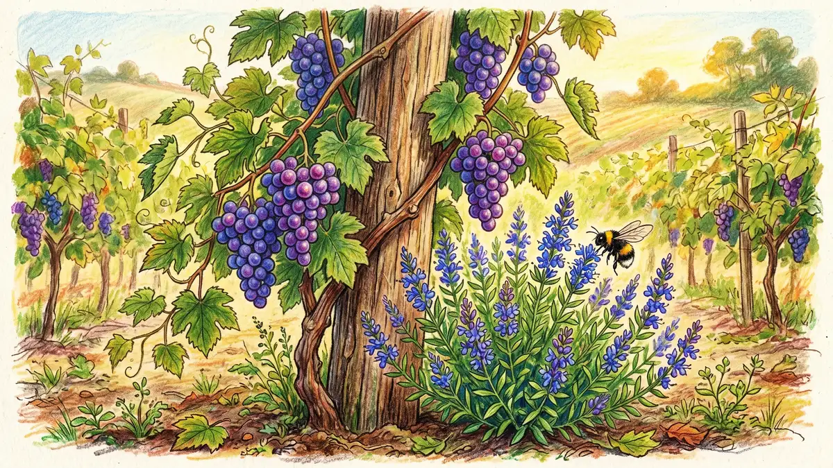 A close-up of a grape vine wrapped around a wooden post with purple grape clusters hanging and hyssop with blue flowers blooming densely at the base with a bumblebee visiting the hyssop
