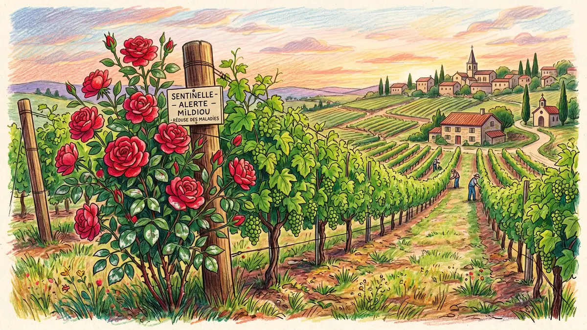 A red rose bush in full bloom planted at the end of a row of grape vines as the classic French vineyard sentinel arrangement to warn of downy mildew