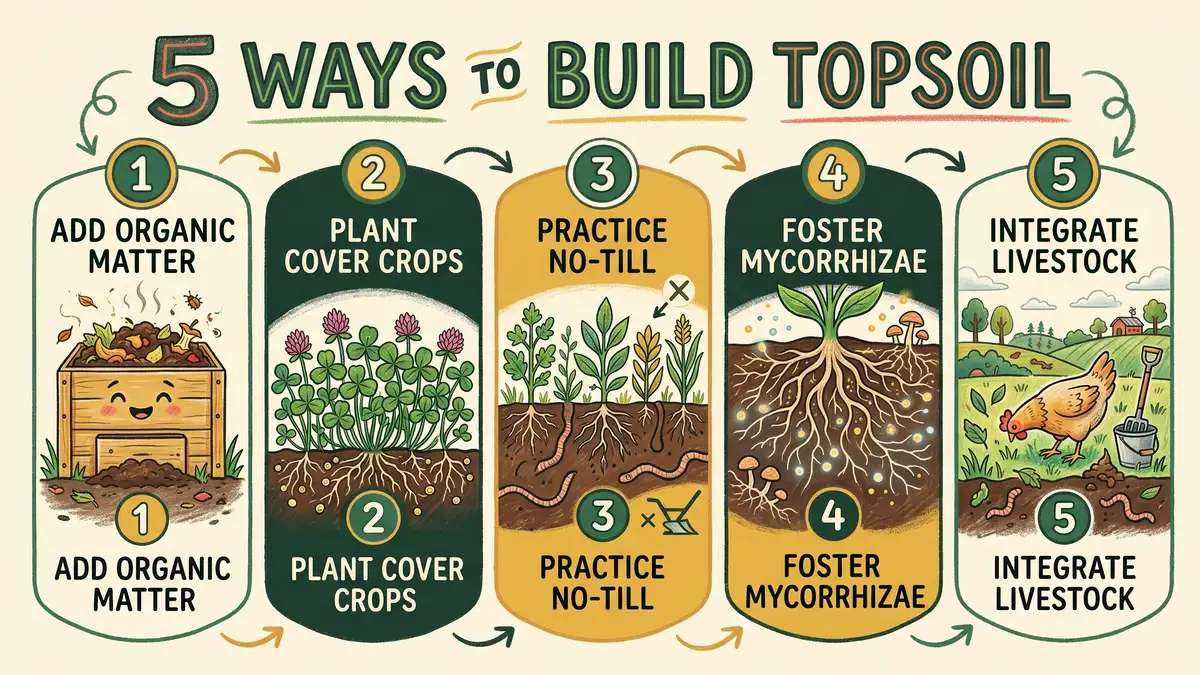 Infographic showing 5 ways to build topsoil with icons for organic matter addition, cover cropping, no-till practice, mycorrhizal partnerships, and livestock integration