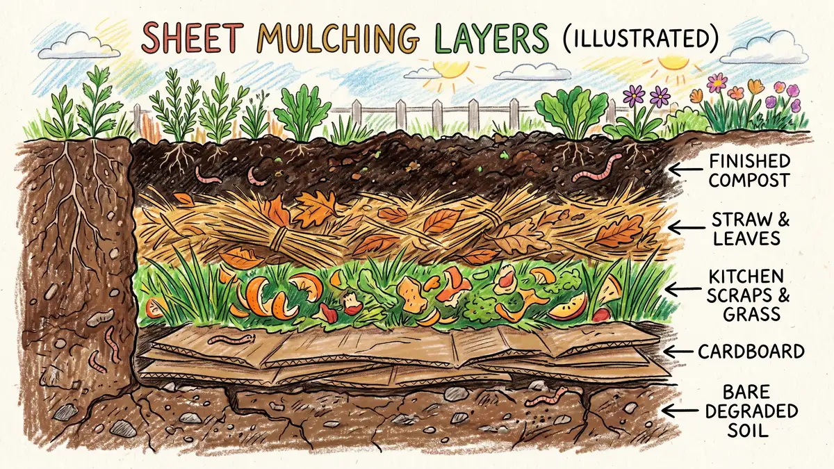 A sheet mulching cross-section illustration showing layers from bottom to top of bare degraded soil, brown cardboard sheets, green nitrogen-rich kitchen scraps and grass clippings, brown straw and dry leaves, and finished compost on top